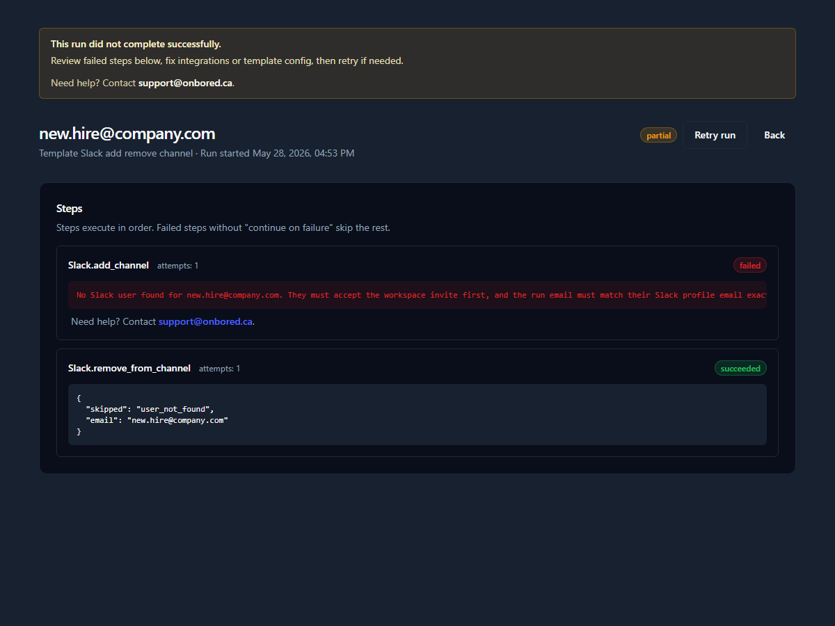 Onbored template run showing onboarding workflow progress
