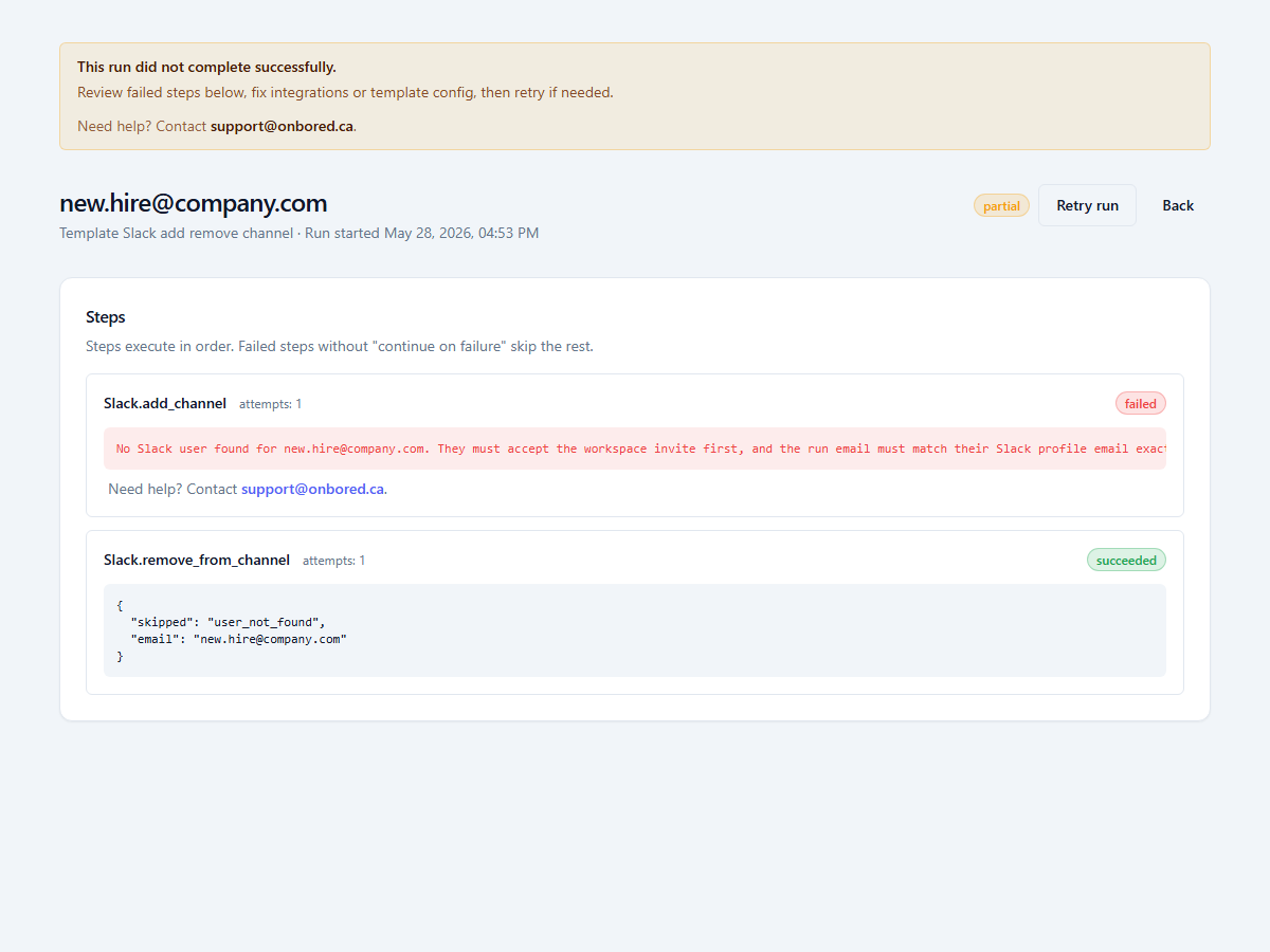 Onbored template run showing onboarding workflow progress
